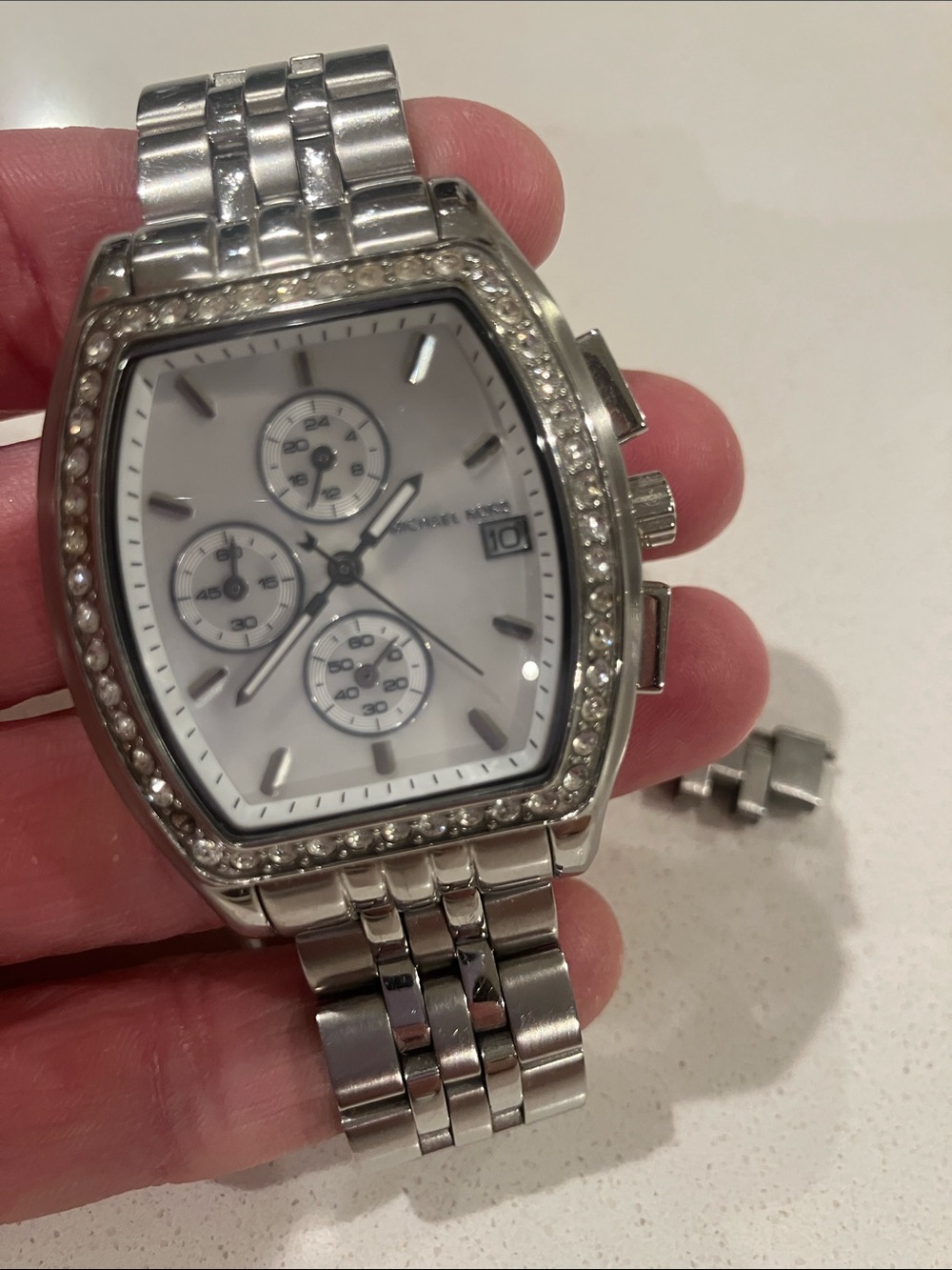 Michael Kors Silver-Tone Crystal Bezel Chronograph Watch with White Dial